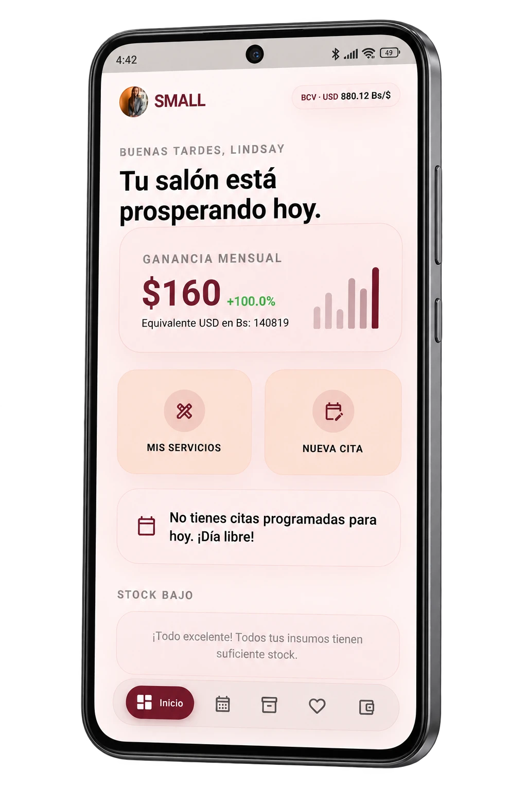 Small en un teléfono Android: resumen del negocio, servicios, citas e inventario